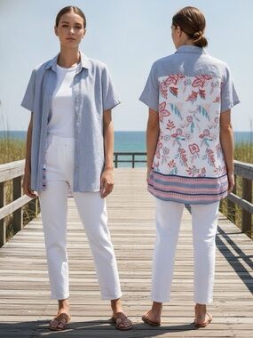 100% linen front,100% cotton back Blue Stripe Shirt with Floral, coastal, preppy